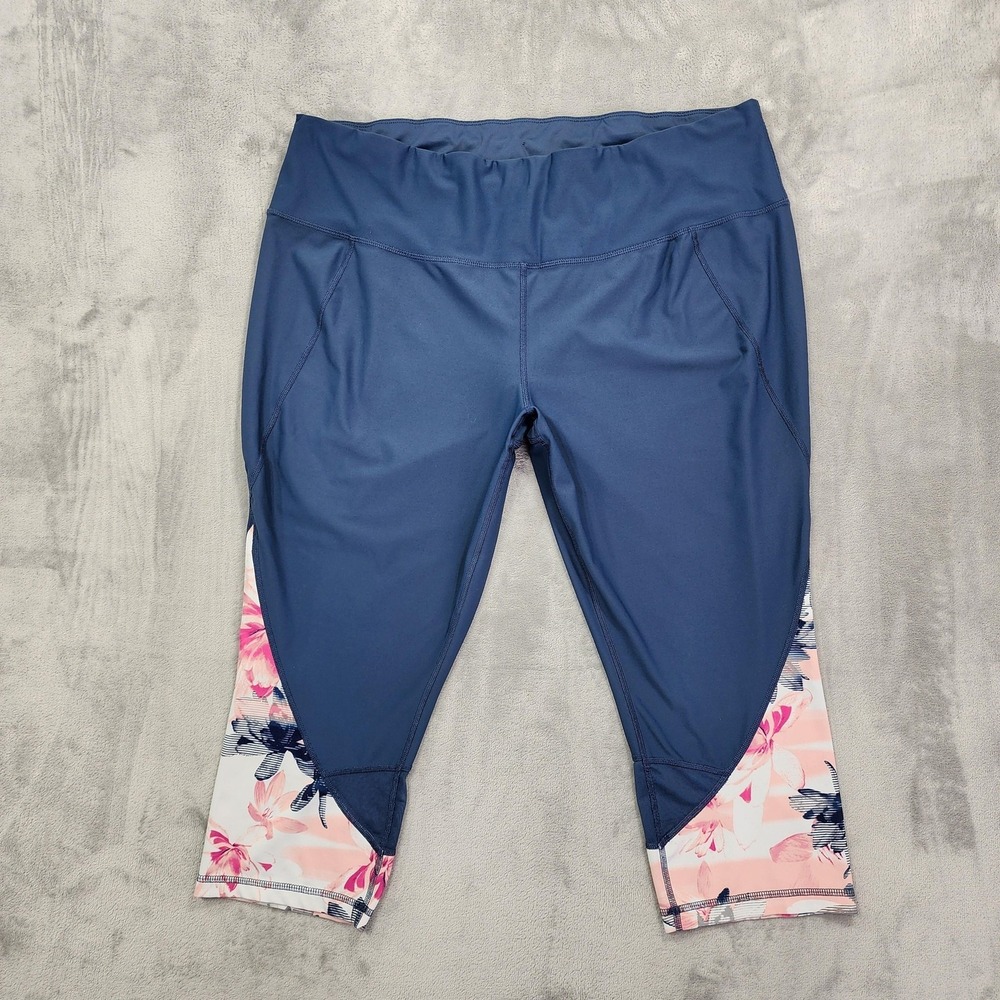Xersion Capri Leggings Womens XL Blue Floral High Rise Pockets Yoga Gym‎ Workout